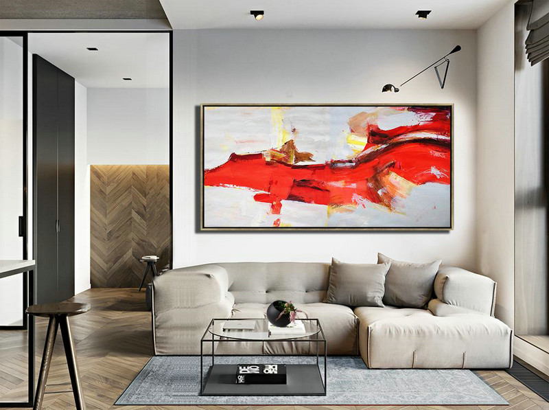 Extra Large Canvas Art,Horizontal Palette Knife Contemporary Art Panoramic Canvas Painting,Canvas Artwork For Sale,Red,Grey,Yellow.etc